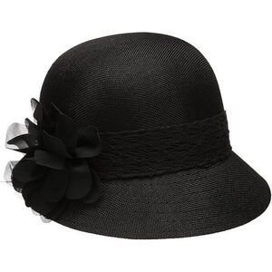 WOMEN'S GATSBY LINEN CLOCHE HAT WITH LACE BAND AND FLOWER - BLACK